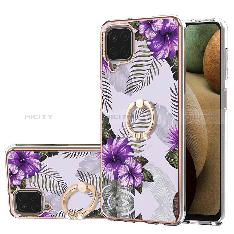 Funda Silicona Gel Goma Patron de Moda Carcasa con Anillo de dedo Soporte Y03B para Samsung Galaxy F12 Morado