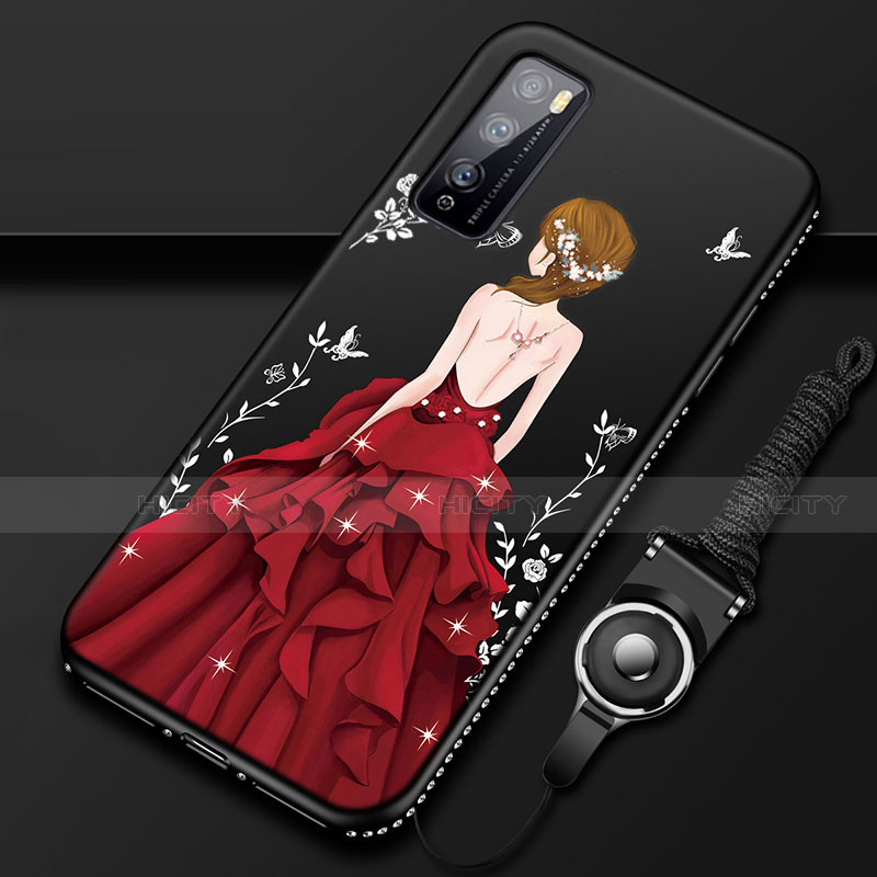 Funda Silicona Gel Goma Vestido de Novia Carcasa para Huawei Enjoy 20 Pro 5G Rojo y Negro