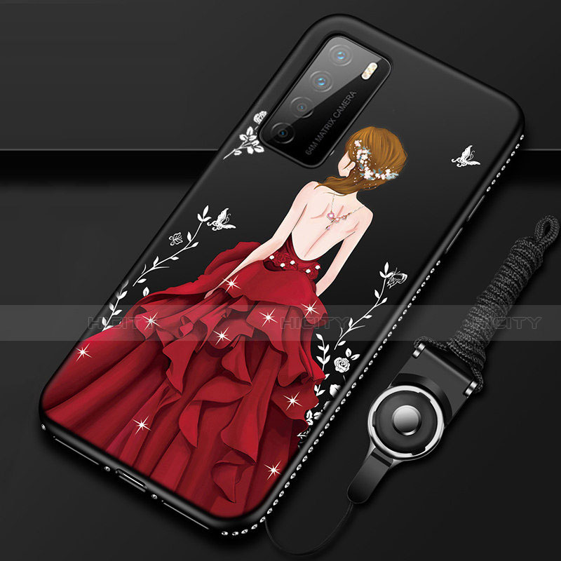 Funda Silicona Gel Goma Vestido de Novia Carcasa para Huawei Honor Play4 5G Rojo y Negro