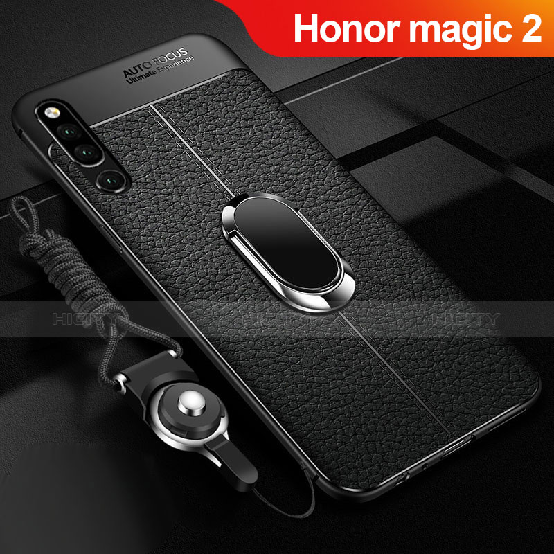 Funda Silicona Goma de Cuero Carcasa con Magnetico Anillo de dedo Soporte A01 para Huawei Honor Magic 2 Negro