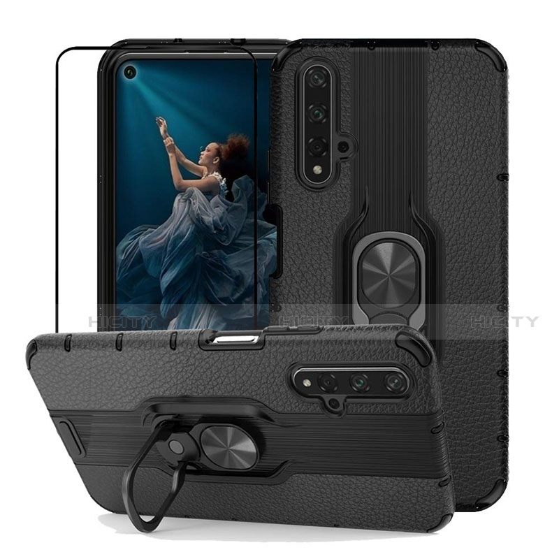 Funda Silicona Goma de Cuero Carcasa con Magnetico Anillo de dedo Soporte K01 para Huawei Honor 20 Negro