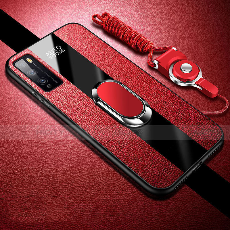 Funda Silicona Goma de Cuero Carcasa con Magnetico Anillo de dedo Soporte para Huawei Enjoy 20 Pro 5G Rojo