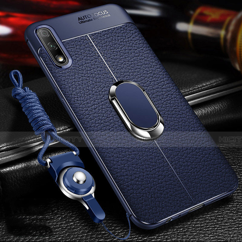 Funda Silicona Goma de Cuero Carcasa con Magnetico Anillo de dedo Soporte para Huawei Honor 9X Azul