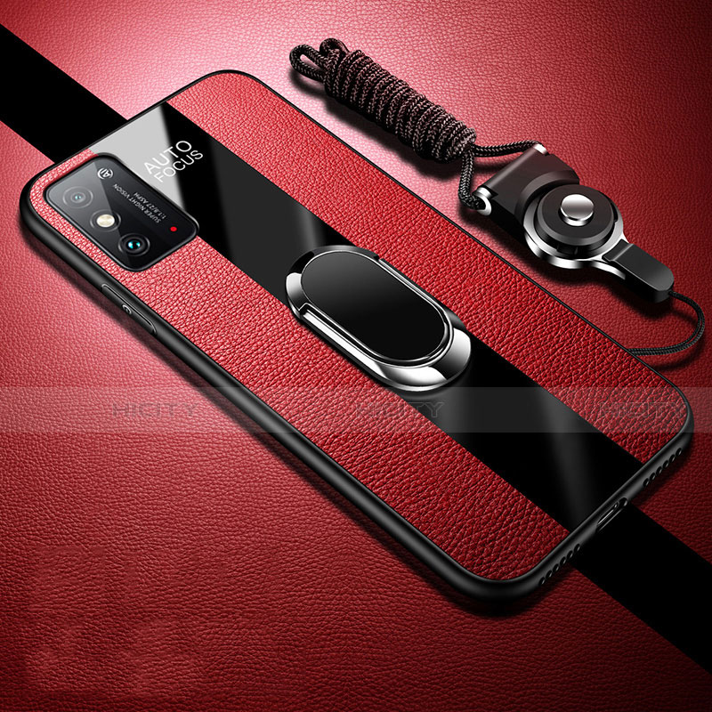 Funda Silicona Goma de Cuero Carcasa con Magnetico Anillo de dedo Soporte para Huawei Honor X10 Max 5G Rojo