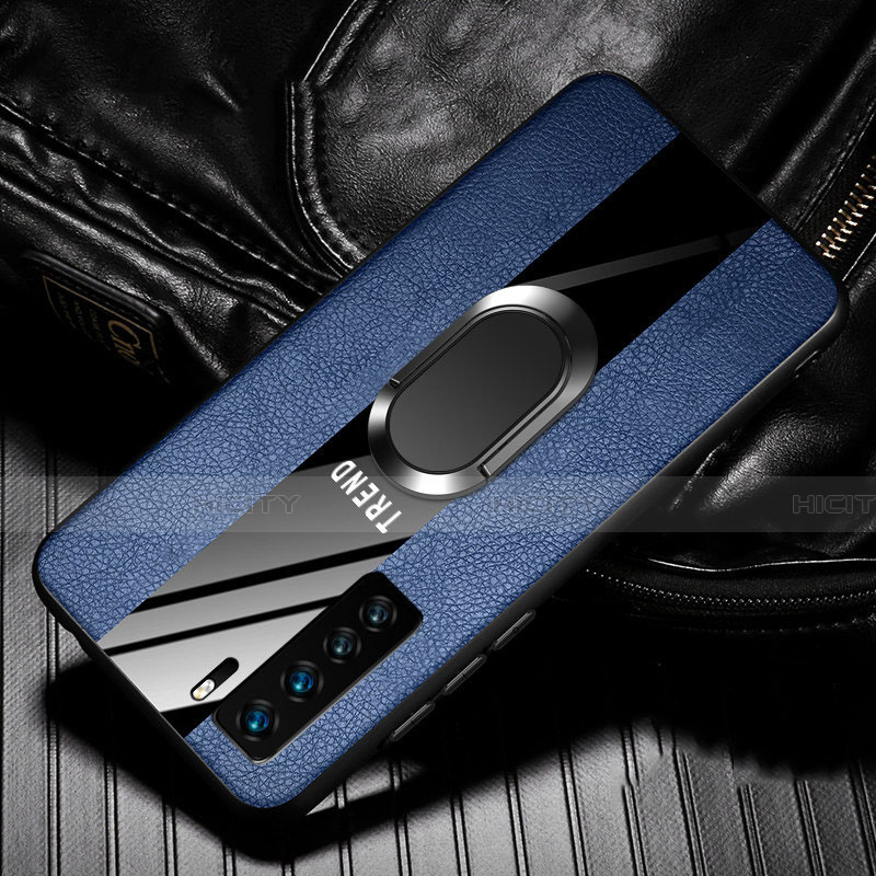 Funda Silicona Goma de Cuero Carcasa con Magnetico Anillo de dedo Soporte para Huawei Nova 7 SE 5G Azul