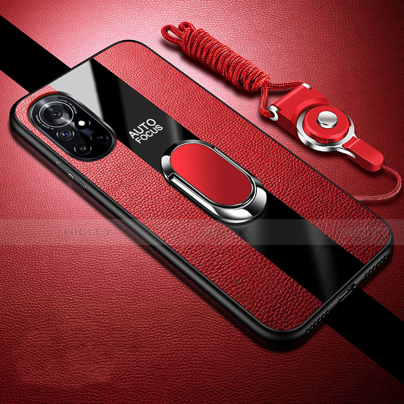 Funda Silicona Goma de Cuero Carcasa con Magnetico Anillo de dedo Soporte para Huawei Nova 8 5G Rojo