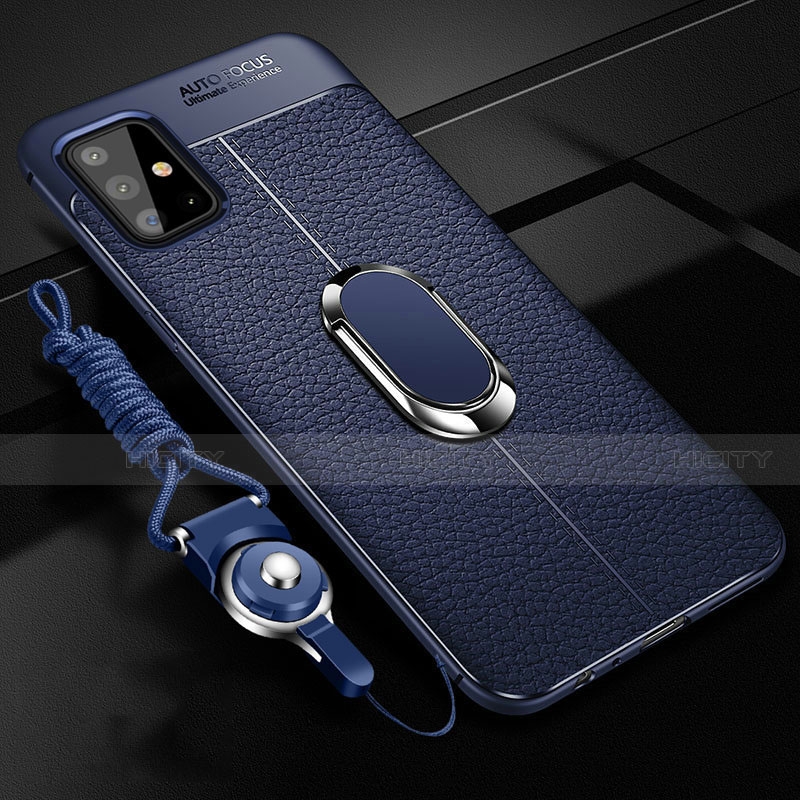 Funda Silicona Goma de Cuero Carcasa con Magnetico Anillo de dedo Soporte para Samsung Galaxy A51 4G Azul