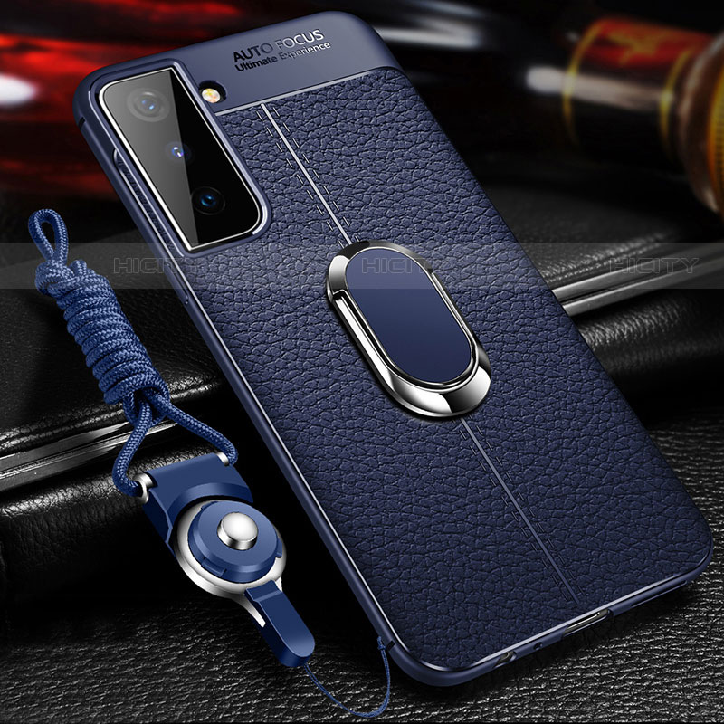 Funda Silicona Goma de Cuero Carcasa con Magnetico Anillo de dedo Soporte para Samsung Galaxy S21 5G Azul