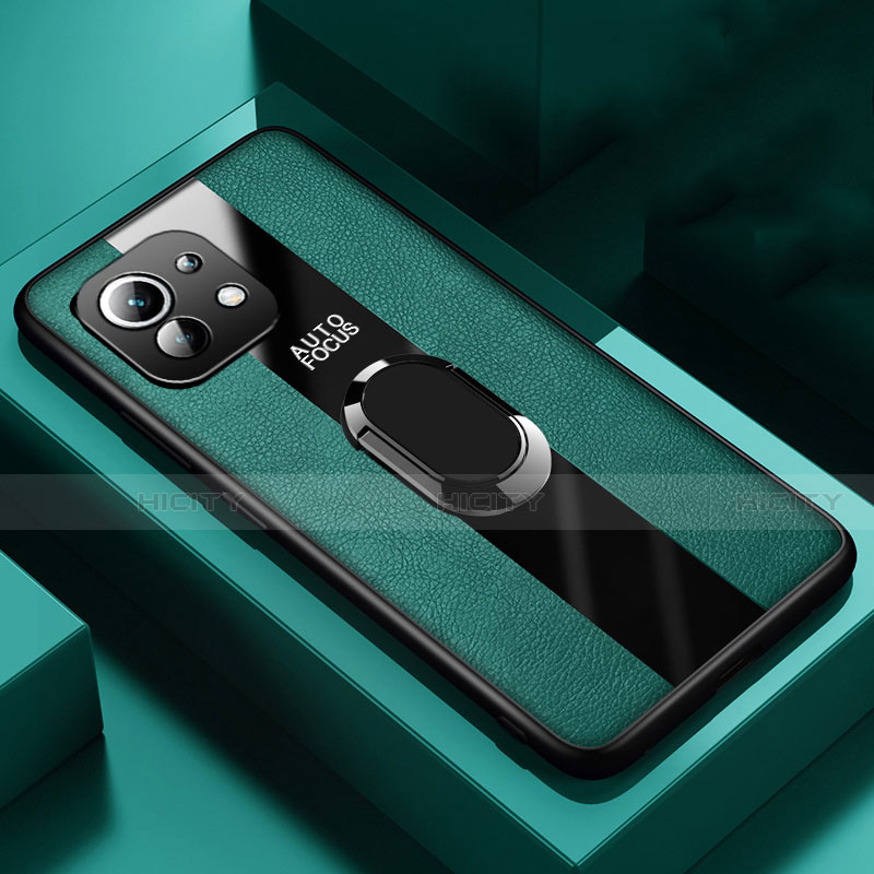 Funda Silicona Goma de Cuero Carcasa con Magnetico Anillo de dedo Soporte para Xiaomi Mi 11 5G Verde