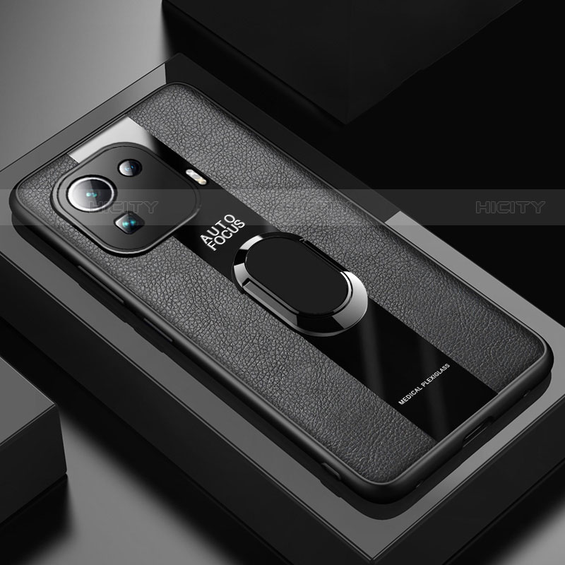 Funda Silicona Goma de Cuero Carcasa con Magnetico Anillo de dedo Soporte para Xiaomi Mi 11 Pro 5G Negro