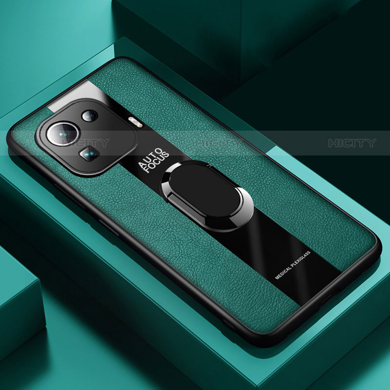Funda Silicona Goma de Cuero Carcasa con Magnetico Anillo de dedo Soporte para Xiaomi Mi 11 Pro 5G Verde