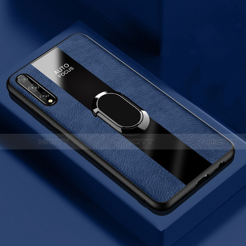 Funda Silicona Goma de Cuero Carcasa con Magnetico Anillo de dedo Soporte S01 para Huawei Y8p Azul