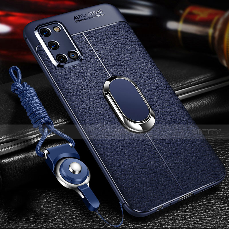 Funda Silicona Goma de Cuero Carcasa con Magnetico Anillo de dedo Soporte S01 para Oppo A92 Azul