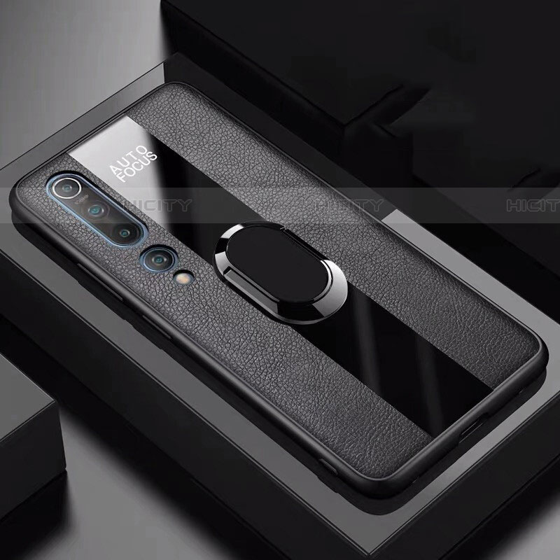 Funda Silicona Goma de Cuero Carcasa con Magnetico Anillo de dedo Soporte S01 para Xiaomi Mi 10 Negro