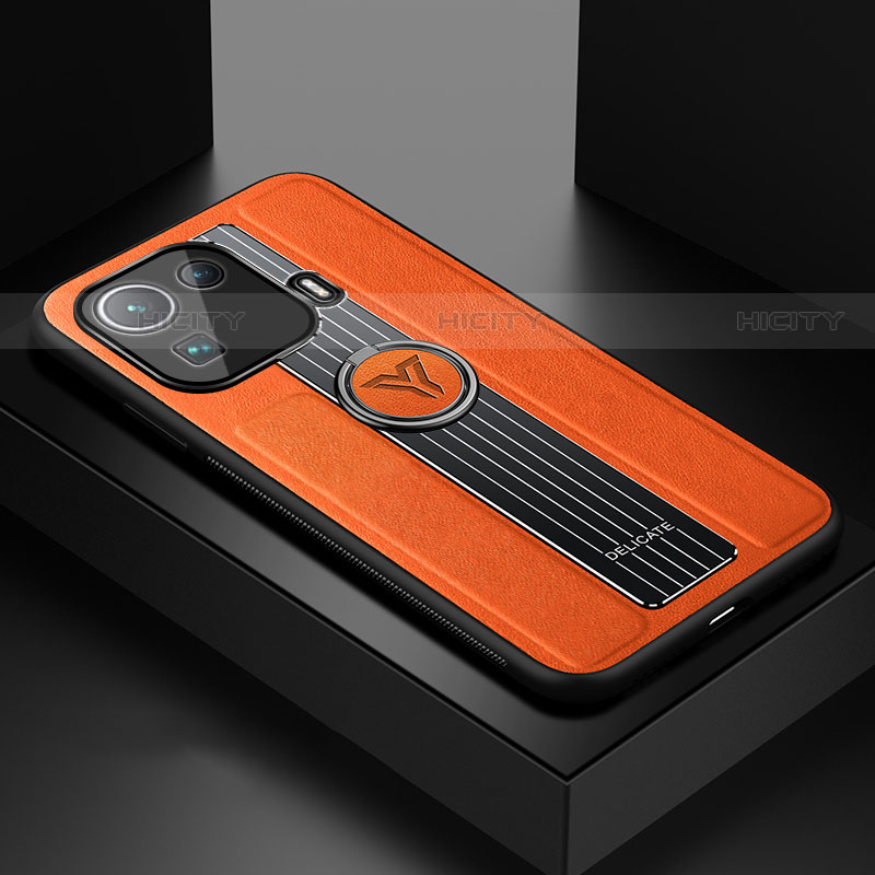 Funda Silicona Goma de Cuero Carcasa con Magnetico Anillo de dedo Soporte S01 para Xiaomi Mi 11 Pro 5G Naranja