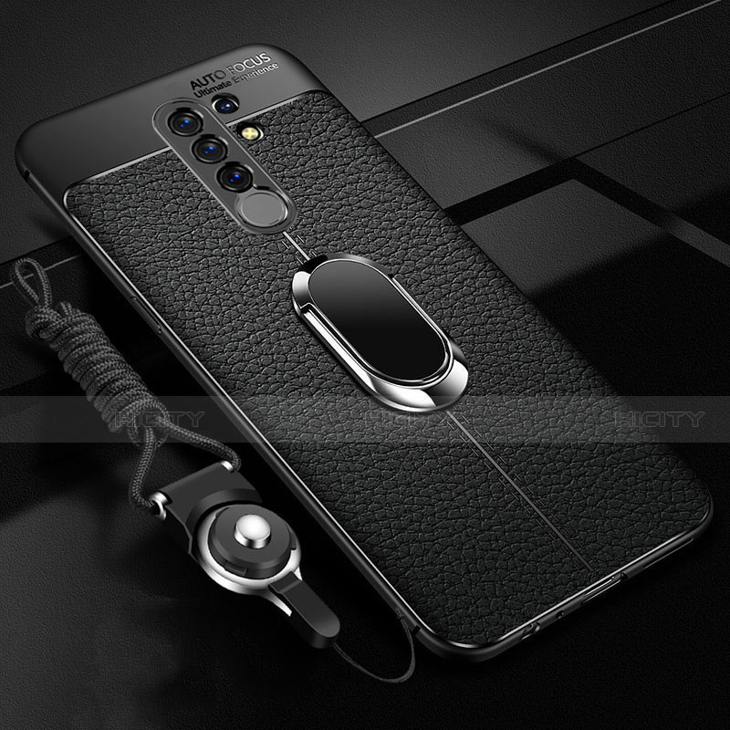 Funda Silicona Goma de Cuero Carcasa con Magnetico Anillo de dedo Soporte S01 para Xiaomi Redmi 9 Negro