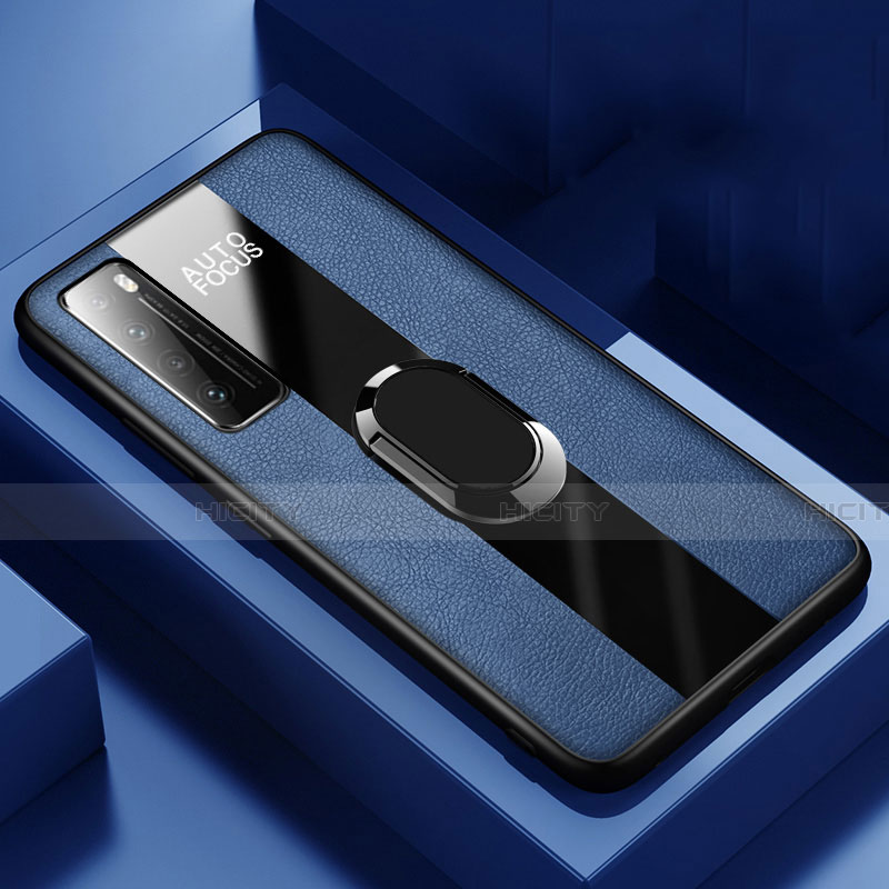 Funda Silicona Goma de Cuero Carcasa con Magnetico Anillo de dedo Soporte S02 para Huawei Nova 7 5G Azul