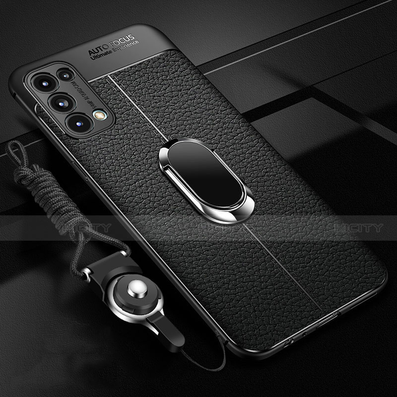 Funda Silicona Goma de Cuero Carcasa con Magnetico Anillo de dedo Soporte S02 para Oppo Reno5 Pro 5G Negro