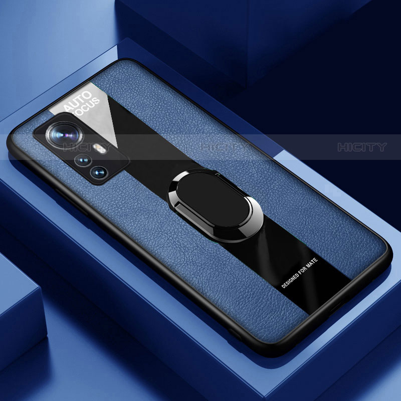 Funda Silicona Goma de Cuero Carcasa con Magnetico Anillo de dedo Soporte S02 para Xiaomi Mi 12 Pro 5G Azul