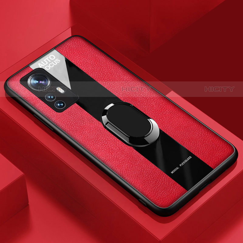 Funda Silicona Goma de Cuero Carcasa con Magnetico Anillo de dedo Soporte S02 para Xiaomi Mi 12 Pro 5G Rojo