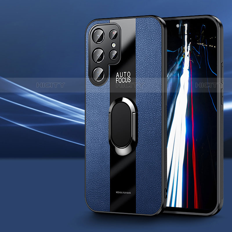 Funda Silicona Goma de Cuero Carcasa con Magnetico Anillo de dedo Soporte S03 para Samsung Galaxy S23 Ultra 5G Azul