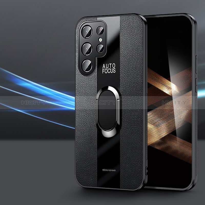 Funda Silicona Goma de Cuero Carcasa con Magnetico Anillo de dedo Soporte S03 para Samsung Galaxy S24 Ultra 5G Negro