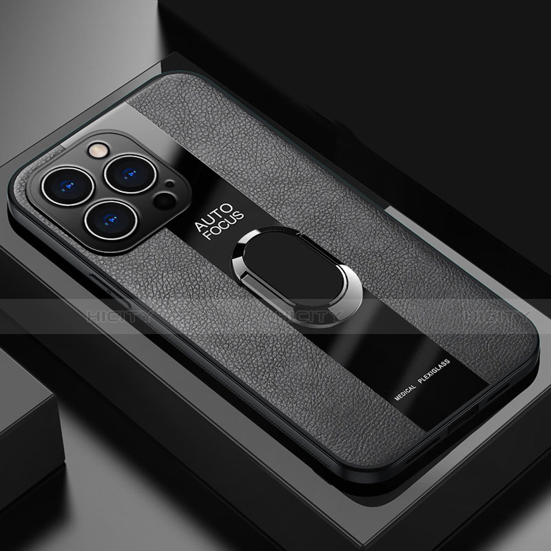 Funda Silicona Goma de Cuero Carcasa con Magnetico Anillo de dedo Soporte S04 para Apple iPhone 13 Pro Max Negro