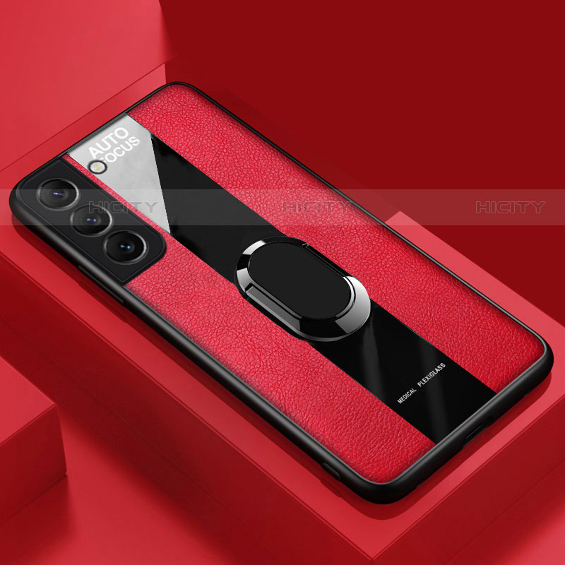 Funda Silicona Goma de Cuero Carcasa con Magnetico Anillo de dedo Soporte S04 para Samsung Galaxy S21 FE 5G Rojo