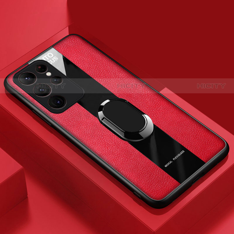 Funda Silicona Goma de Cuero Carcasa con Magnetico Anillo de dedo Soporte S04 para Samsung Galaxy S21 Ultra 5G Rojo