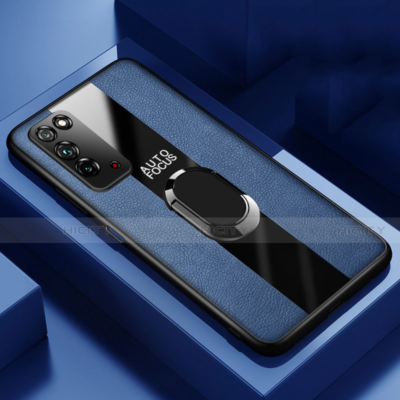 Funda Silicona Goma de Cuero Carcasa con Magnetico Anillo de dedo Soporte T01 para Huawei Honor X10 5G Azul