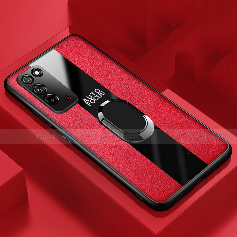 Funda Silicona Goma de Cuero Carcasa con Magnetico Anillo de dedo Soporte T01 para Huawei Honor X10 5G Rojo