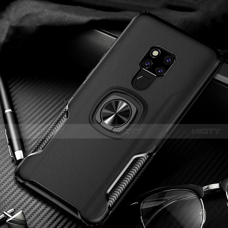 Funda Silicona Goma de Cuero Carcasa con Magnetico Anillo de dedo Soporte T01 para Huawei Mate 20 Negro