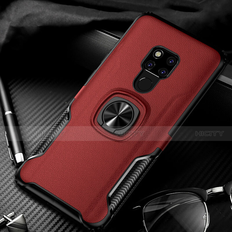 Funda Silicona Goma de Cuero Carcasa con Magnetico Anillo de dedo Soporte T01 para Huawei Mate 20 Rojo