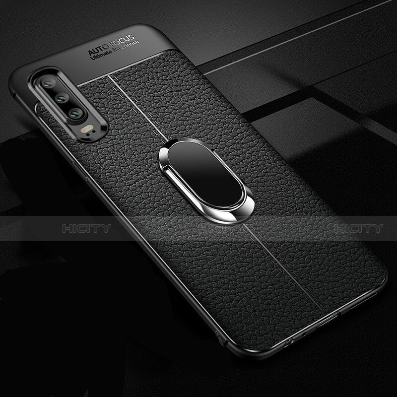 Funda Silicona Goma de Cuero Carcasa con Magnetico Anillo de dedo Soporte T01 para Huawei P30 Negro