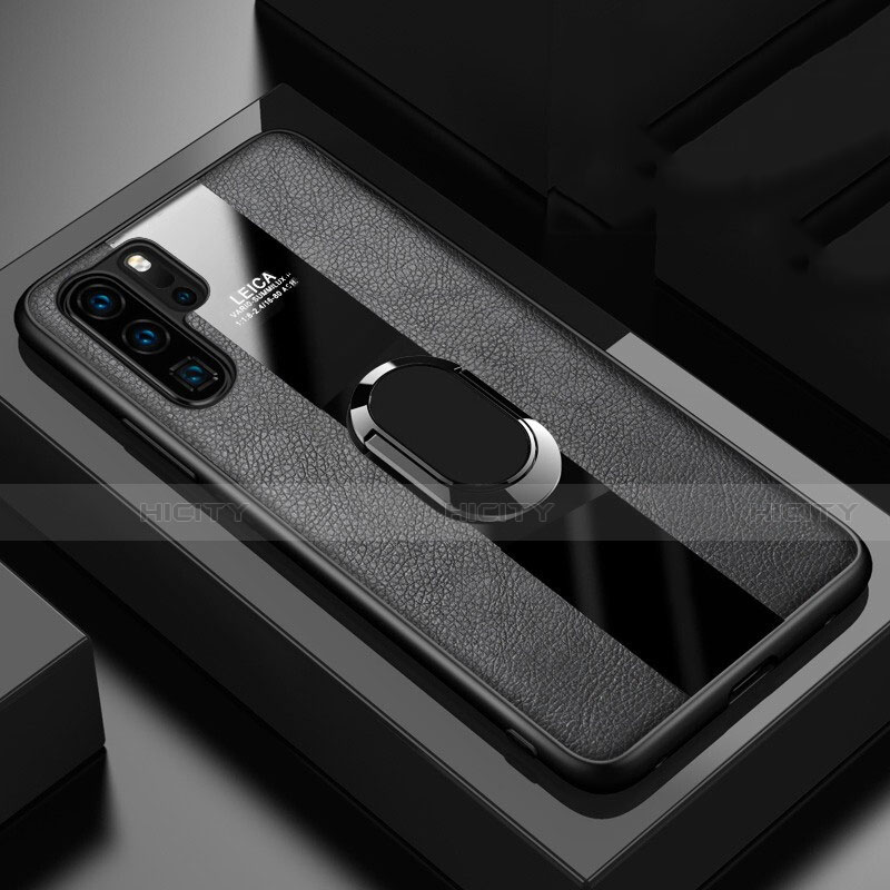 Funda Silicona Goma de Cuero Carcasa con Magnetico Anillo de dedo Soporte T01 para Huawei P30 Pro New Edition Negro