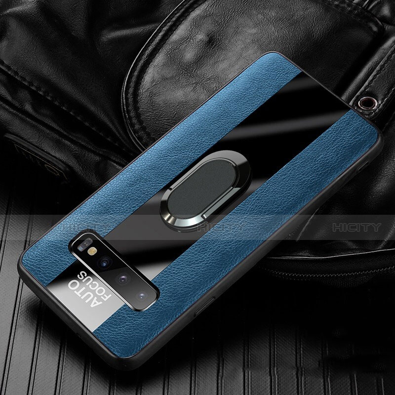 Funda Silicona Goma de Cuero Carcasa con Magnetico Anillo de dedo Soporte T01 para Samsung Galaxy S10 Plus Azul