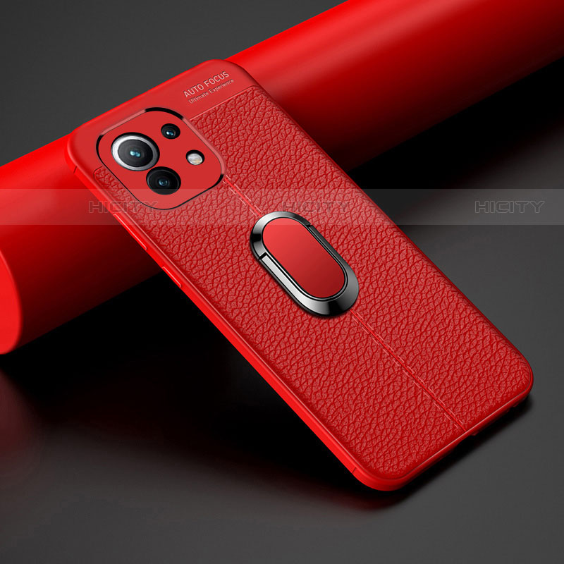 Funda Silicona Goma de Cuero Carcasa con Magnetico Anillo de dedo Soporte T01 para Xiaomi Mi 11 5G Rojo