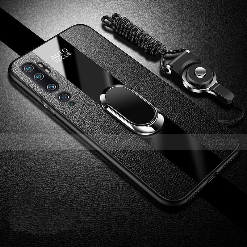 Funda Silicona Goma de Cuero Carcasa con Magnetico Anillo de dedo Soporte T01 para Xiaomi Mi Note 10 Negro