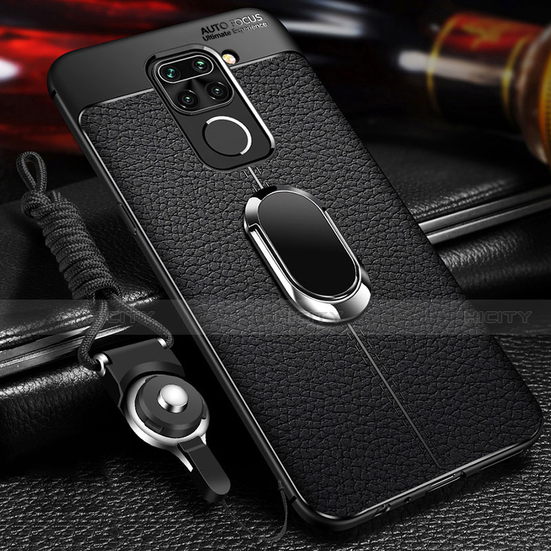 Funda Silicona Goma de Cuero Carcasa con Magnetico Anillo de dedo Soporte T01 para Xiaomi Redmi Note 9 Negro