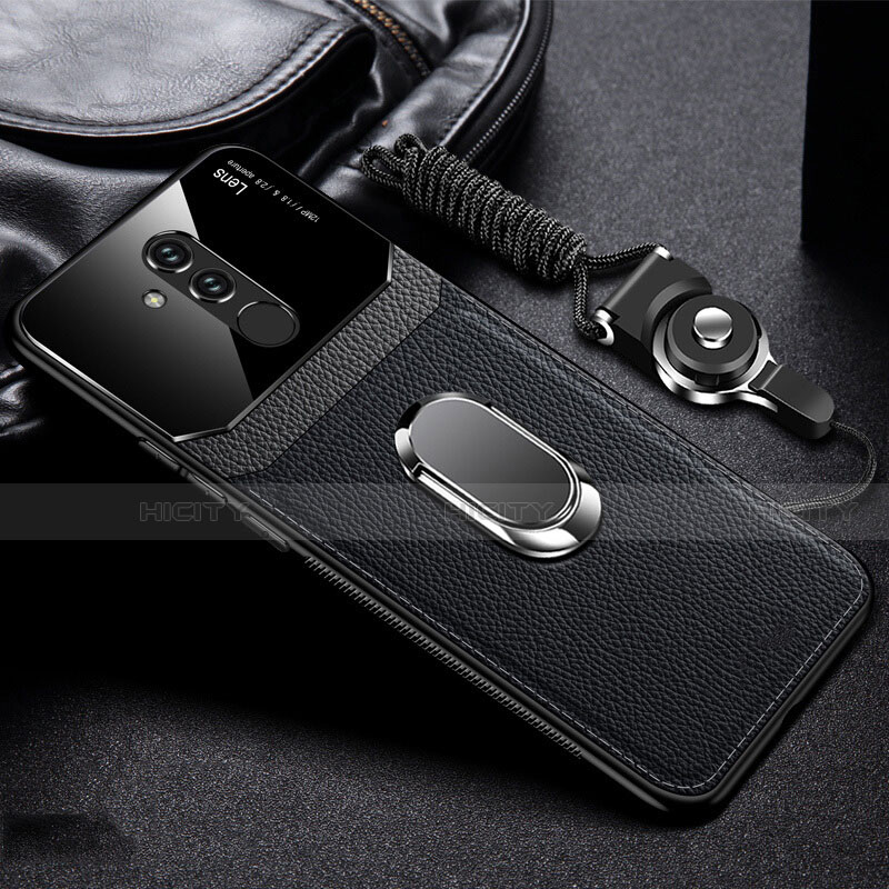 Funda Silicona Goma de Cuero Carcasa con Magnetico Anillo de dedo Soporte T02 para Huawei Mate 20 Lite Negro