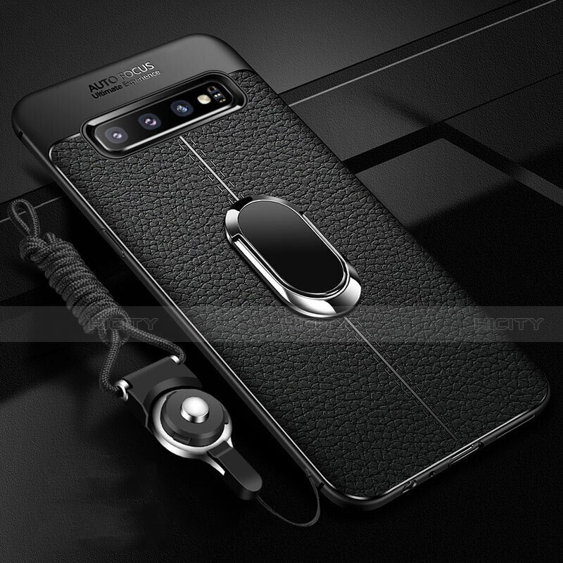 Funda Silicona Goma de Cuero Carcasa con Magnetico Anillo de dedo Soporte T02 para Samsung Galaxy S10 Negro