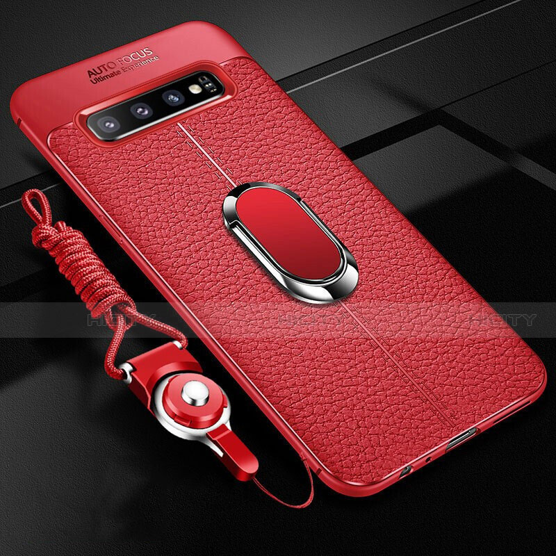 Funda Silicona Goma de Cuero Carcasa con Magnetico Anillo de dedo Soporte T02 para Samsung Galaxy S10 Rojo