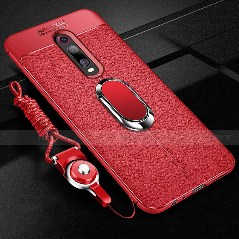 Funda Silicona Goma de Cuero Carcasa con Magnetico Anillo de dedo Soporte T02 para Xiaomi Mi 9T Pro Rojo