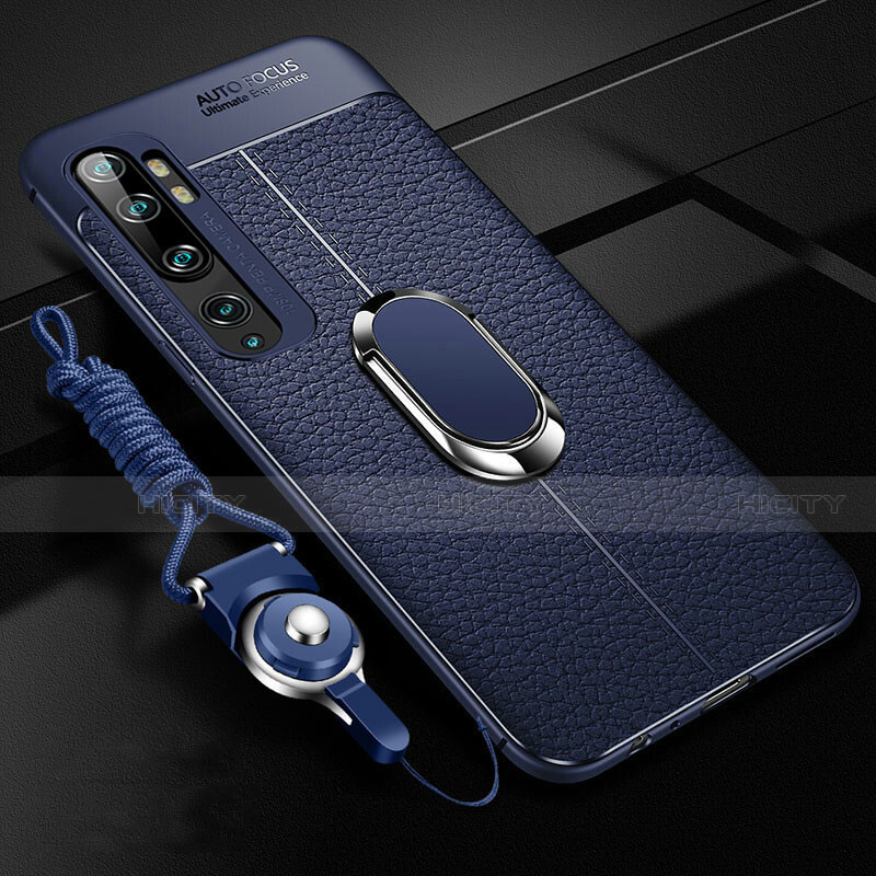 Funda Silicona Goma de Cuero Carcasa con Magnetico Anillo de dedo Soporte T02 para Xiaomi Mi Note 10 Azul