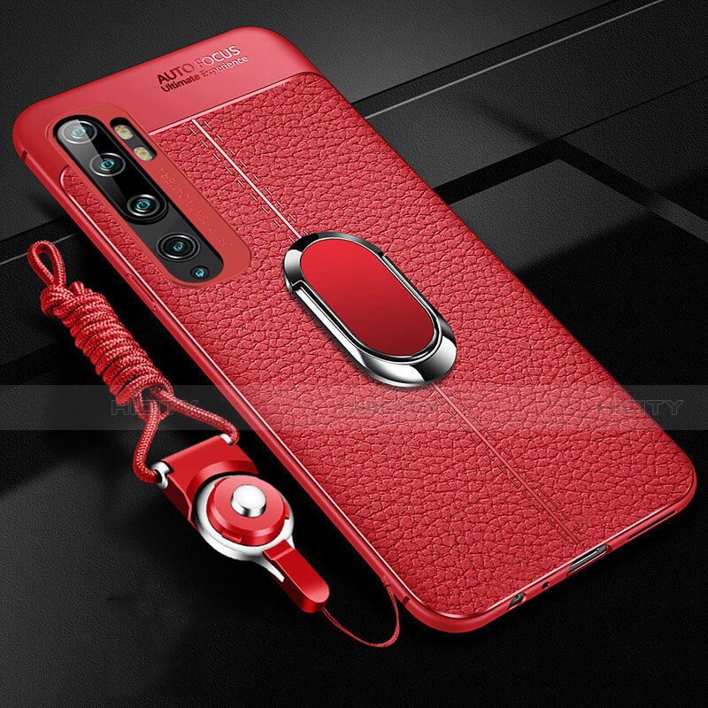 Funda Silicona Goma de Cuero Carcasa con Magnetico Anillo de dedo Soporte T02 para Xiaomi Mi Note 10 Rojo