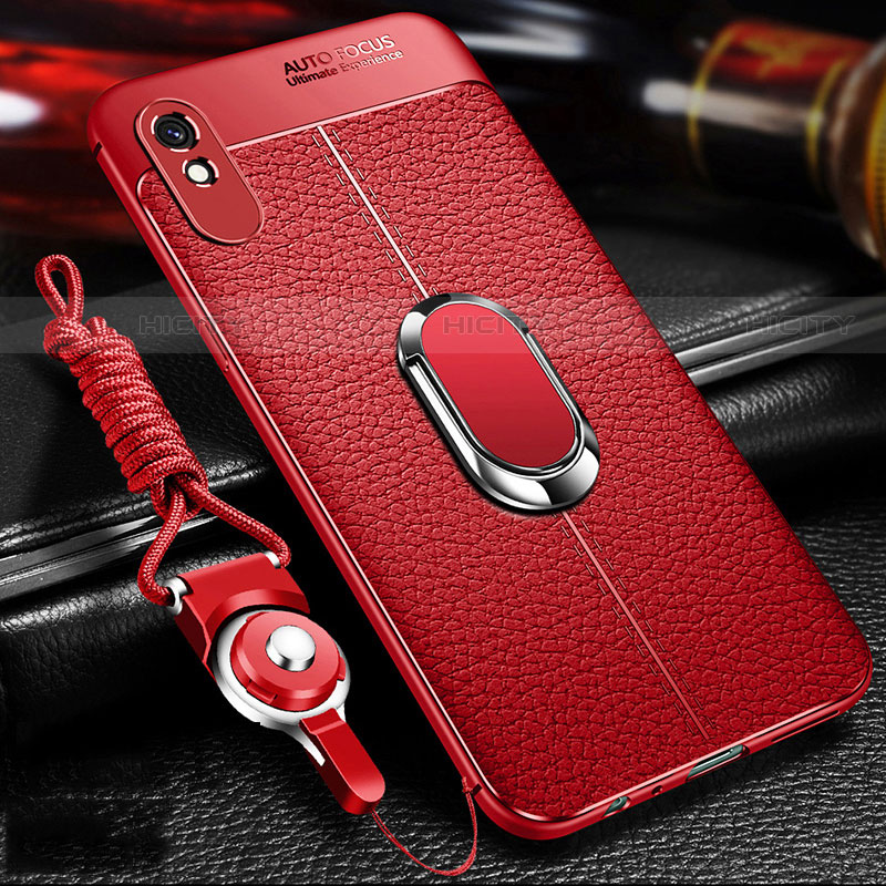Funda Silicona Goma de Cuero Carcasa con Magnetico Anillo de dedo Soporte T02 para Xiaomi Redmi 9AT Rojo