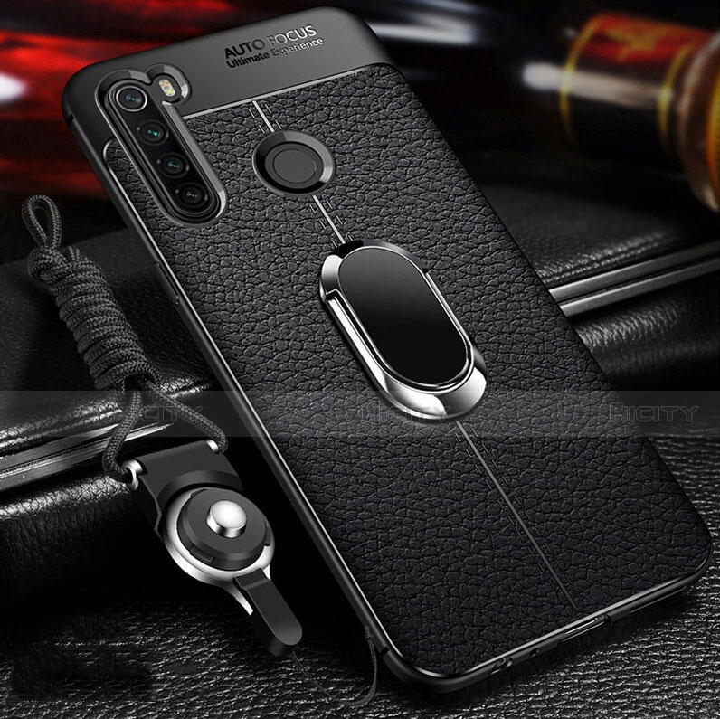 Funda Silicona Goma de Cuero Carcasa con Magnetico Anillo de dedo Soporte T02 para Xiaomi Redmi Note 8T Negro