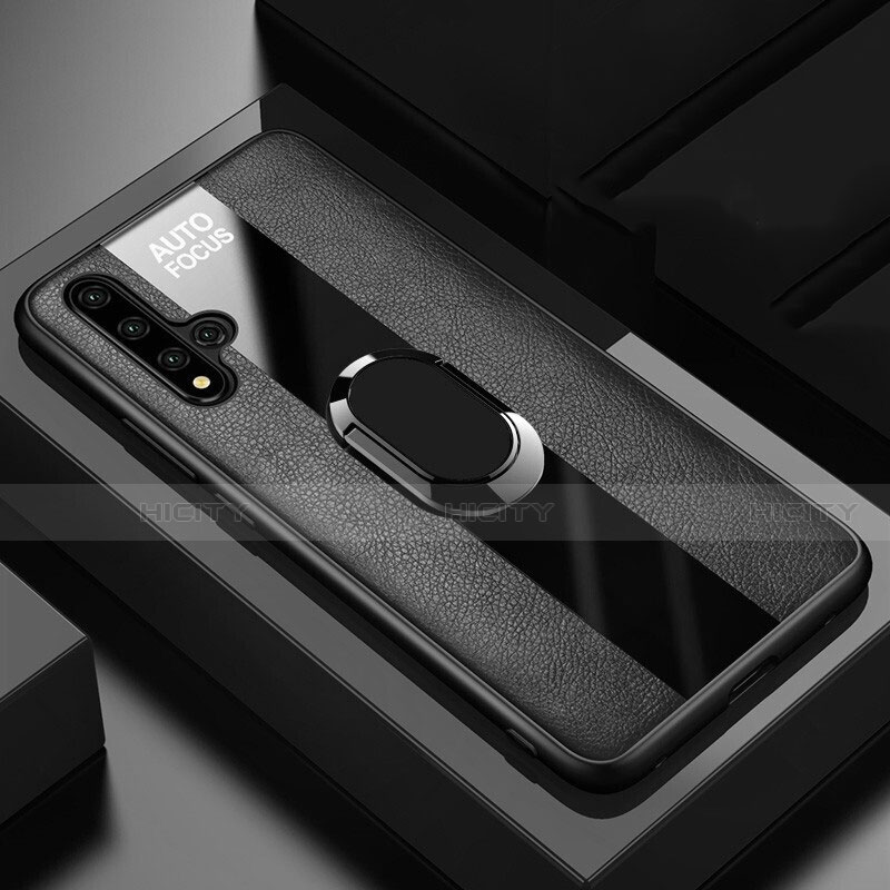 Funda Silicona Goma de Cuero Carcasa con Magnetico Anillo de dedo Soporte T03 para Huawei Honor 20 Negro