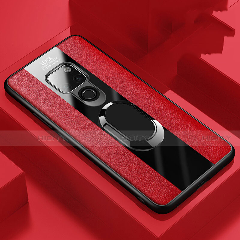 Funda Silicona Goma de Cuero Carcasa con Magnetico Anillo de dedo Soporte T03 para Huawei Mate 20 Rojo