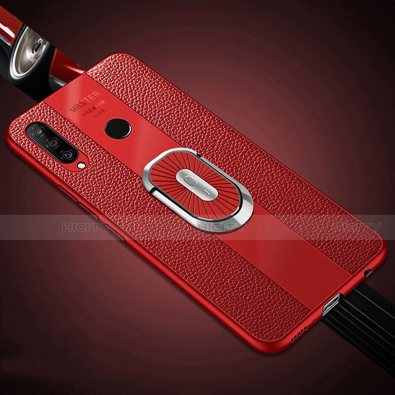 Funda Silicona Goma de Cuero Carcasa con Magnetico Anillo de dedo Soporte T03 para Huawei P30 Lite New Edition Rojo